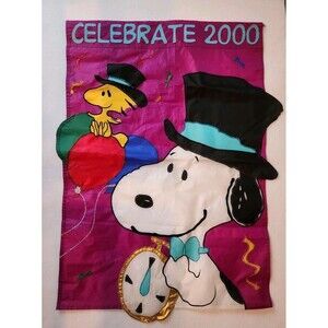 Vintage Snoopy Peanuts Celebrate 2000 New Year's 2 Sided Decorative Garden Flag